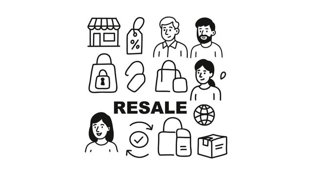 animation resale shopping with price tags and circular economy symbols