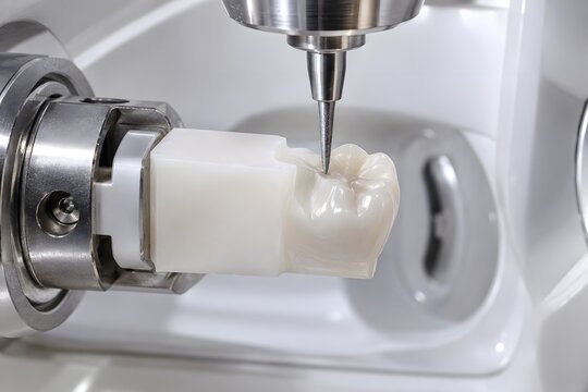 Milling machine carving a ceramic molar crown from a white block