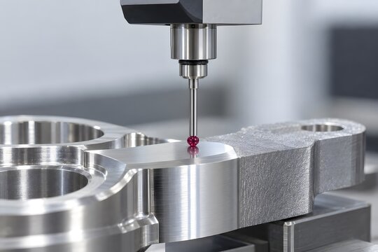 Ruby tipped CMM probe touching a machined aluminum part during inspection