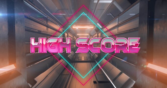 Bold pink HIGH SCORE lettering sitting inside neon diamond above reflective metallic corridor