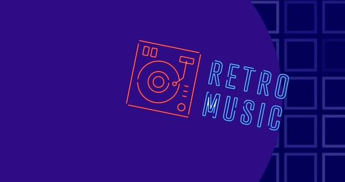 record player glowing above RETRO MUSIC text purple background grid, copy space
