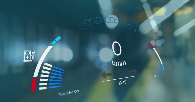 Dashboard displaying zero speed, battery charging icon, energy bars, clock reading 18:45 on screen