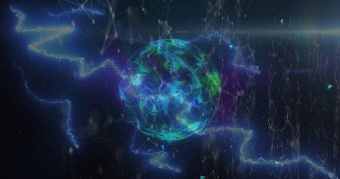 Glowing blue-green sphere holding angular crystals while lightning arcs branching through dark void