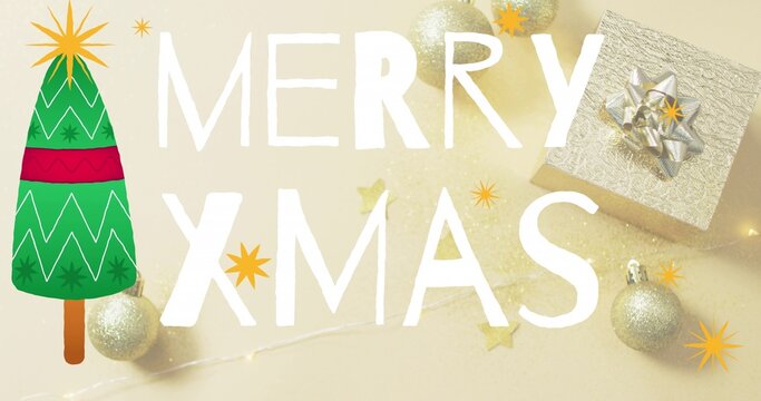 Festive holiday greeting showing MERRY XMAS letters near green tree and silver gift, copy space