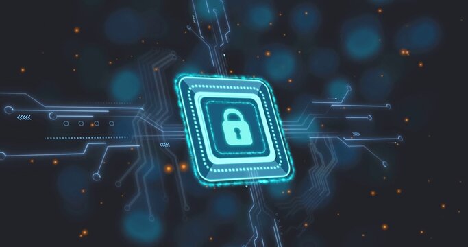 Glowing cyan square holding padlock icon linking circuit lines with amber particles over dark blue