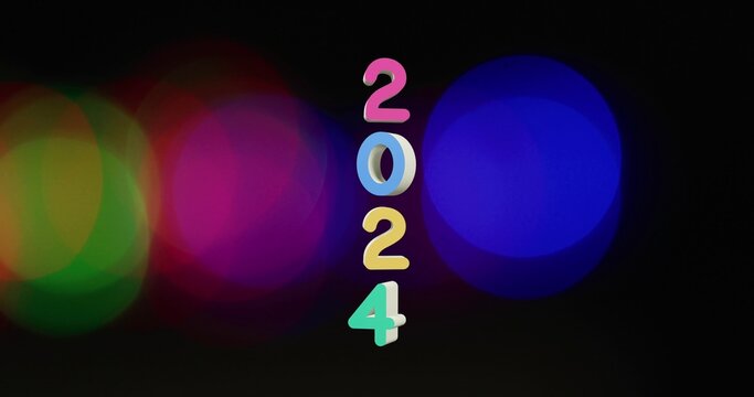 Vertical 2024 typography showing pink, blue, yellow and teal numerals near circles on dark