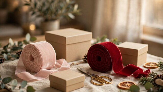 Blush and cherry velvet ribbon rolls with plain gift boxes on a wrapping table