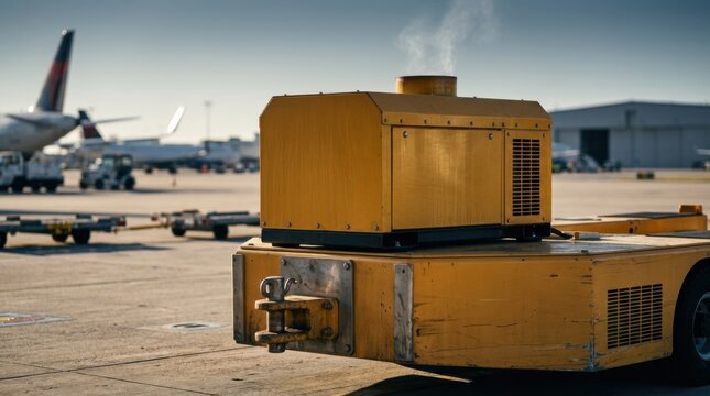 Industrial yellow gas turbine range extender housing mounted on an electric pushback tractor on an airfield tarmac, concept of ground support equipment and hybrid aviation technology.