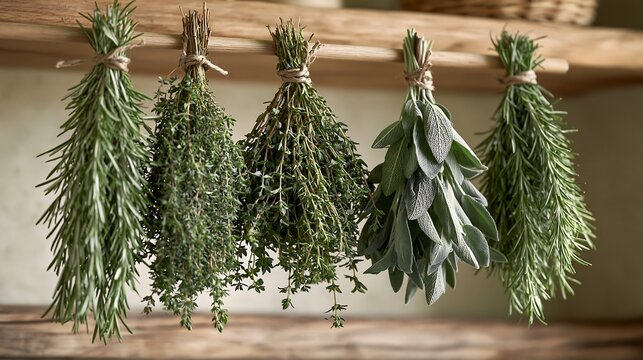 Fresh rosemary, thyme and sage bundles tied with twine and hanging from a wooden rod for air drying in a rustic kitchen. Culinary herb preservation for cooking, seasoning and organic food concepts