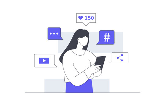 Media Notification Social Network Alert and Content Sharing. Female Specialist Holding Phone near Social Media Chat Bubbles Like Count and Share Icons. Flat Cartoon Vector Illustration, icon Stylish 