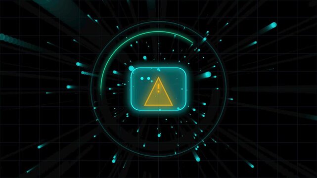 Warning sign icon with glowing yellow triangle inside a blue rounded rectangle on dark grid background