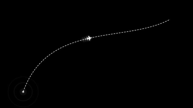 Airplane flight path animation with radar target icon on a black background, motion graphics