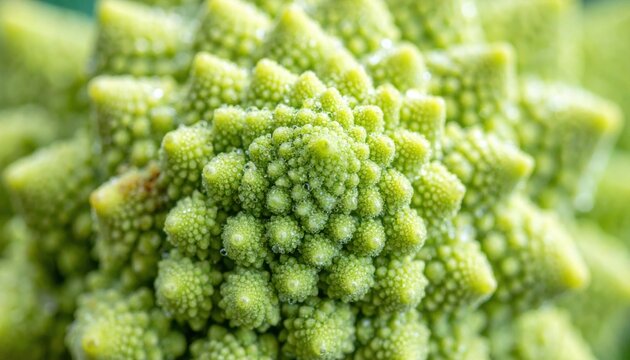 Extreme close-up macro photograph of a heirloom Romanesco broccoli head showing intricate golden spiral geometry