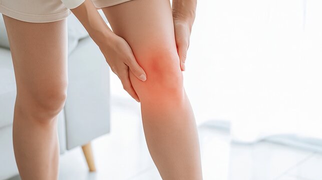Woman holding her painful knee with highlighted red inflamed area showing muscle strain or joint injury acute pain health concept in bright living room interior at home