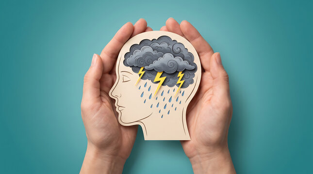 Human hands hold paper cutout of head with storm clouds, lightning inside. Conceptual art shows mental health issues like depression anxiety. Brain experiences heavy rain, thunder during panic attack