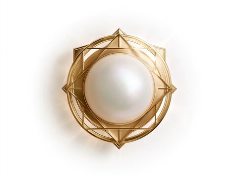 Luxury round natural white pearl set in elegant golden geometric frame isolated on plain white background for premium jewelry and decoration concept