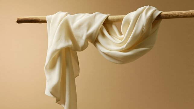 Soft creamy white silk fabric draped over natural wooden stick against plain warm beige background showing soft flowing texture of elegant material