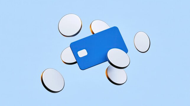 3D rendered blank blue credit card surrounded by floating silver coins on plain light blue background for digital payment finance online banking concept
