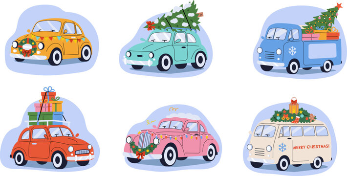 Cute Christmas cars vector set, retro cars with winter holidays trees and gift boxes