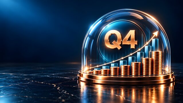 Golden Q4 financial growth concept with rising bar chart and increasing coin stacks protected under a futuristic glass dome