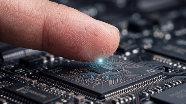 Human finger touching neural AI microchip, biometric sensor, brain computer interface and cybernetic technology concept