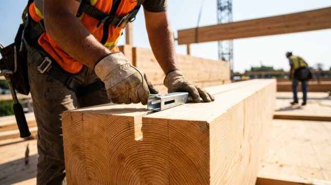 A rigger in work gloves fits a steel connector into the trimmed edge of a pine plywood billet on a building deck, concept of mass timber construction and structural connector installation
