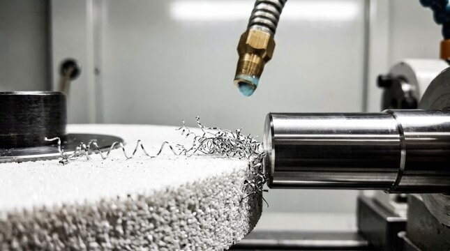 Bright metal shavings bridge the pores of a white grinding wheel beside a precision ground metal shaft, concept of precision machining and grinding process in industrial manufacturing