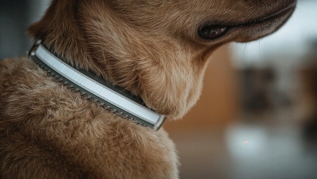 A close up of a dog wearing a collar, suitable for use in pet-related or everyday life context