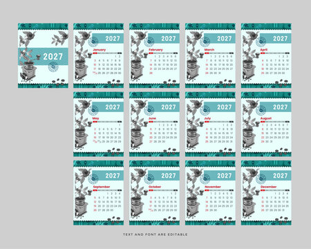  Coffee Shop Calendar 2027 Template with Teal Vintage Botanical Illustration and Monthly Grid Layout