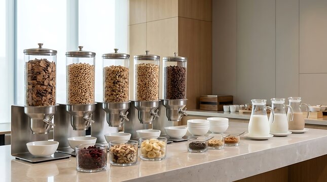 Row of cereal dispensers with various grains and nuts on a modern hotel breakfast buffet counter. cereal buffet layout