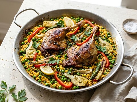 Traditional spanish paella with chicken and vegetables served in a large metal pan. duck confit paella