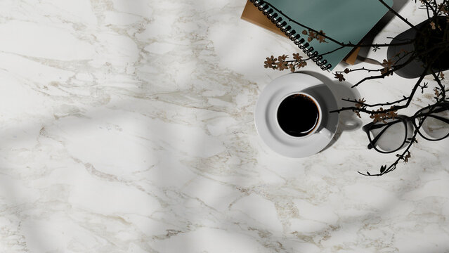 3D Top View Office Workspace on White Marble Desk with Coffee Cup, Notebook, Glasses and Decorative Branches