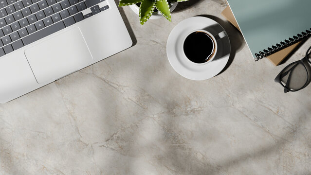 3D Illustration Top View Office Workspace with Laptop, Coffee Cup, Notebook and Succulent on Marble Desk