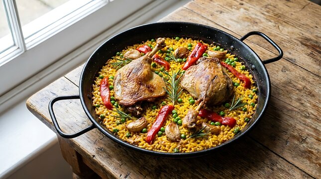 Delicious traditional duck paella with peas and red peppers in a black pan on a wooden table. duck confit paella