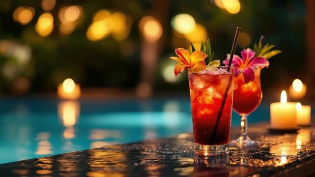 Tropical cocktails by the poolside with candlelight and floral garnishes