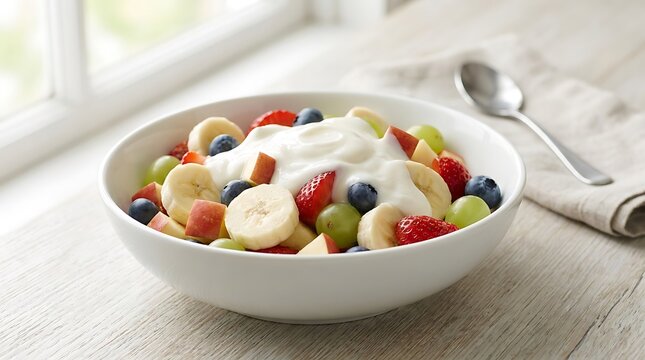Fresh fruit salad with creamy yogurt in a white bowl for a healthy breakfast. easy fruit salad