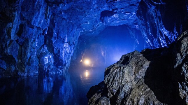 Distant light glowing inside dark blue underground cave with calm water surface