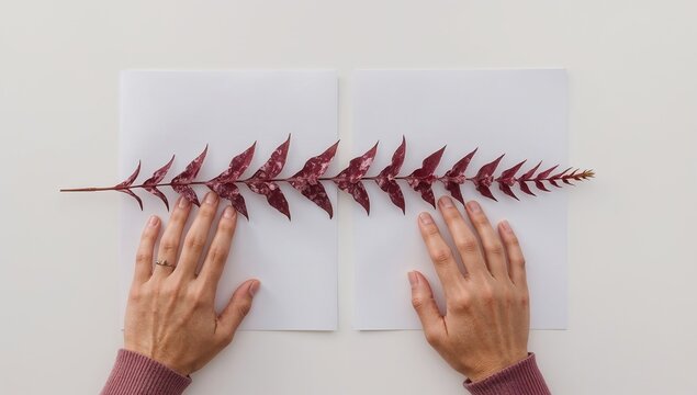 A close-up view of a woman's hands holding a piece of paper with a plant on it