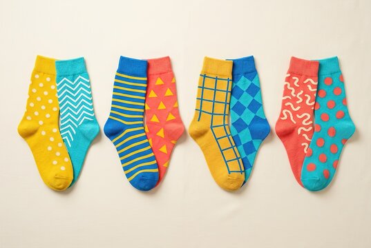 Four pairs of patterned socks in different colors are laid out on a plain surface, showing a mismatched sock display associated with Down syndrome awareness