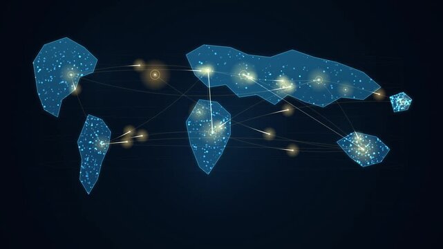 Global network map illustrating international communication links and data nodes across continents.
