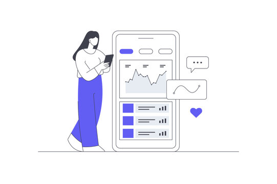 Media Engagement Social Network Analytics and Content Performance. Female Specialist Holding Phone near Smartphone Screen Displaying Engagement Stats and Charts. Flat Cartoon Vector Illustration, icon