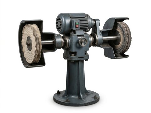 Industrial bench grinder with two abrasive wheels mounted on a sturdy base