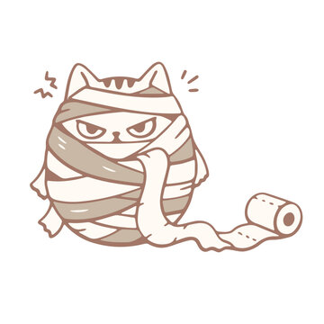 Grumpy cat wrapped in toilet paper mummy costume for halloween on white background