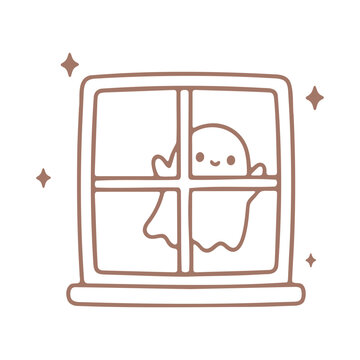 Cute little ghost peeking through a window frame with sparkling stars around it