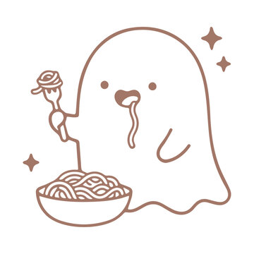Cute ghost character eating spaghetti with a fork in a flat vector illustration