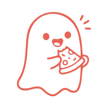 Cute ghost character eating a slice of pepperoni pizza in flat line art