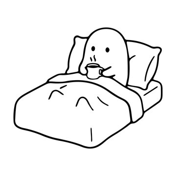 Cute ghost character drinking hot coffee in bed with pillows and blanket