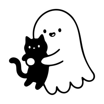 Cute ghost hugging a small black cat illustration on a white background