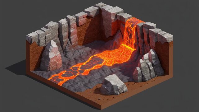 Volcanic Lava Flowing Through Canyon Cross-Section, Isometric View