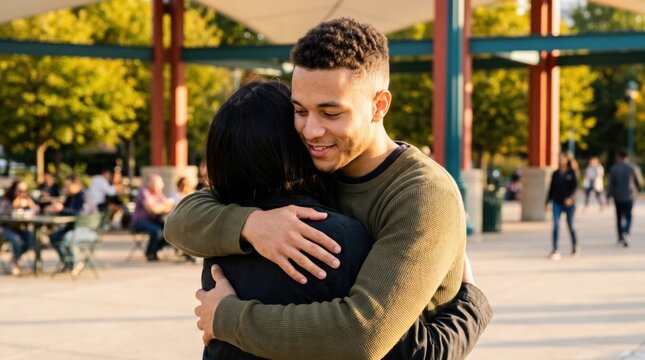 Young couple embracing in sunny urban plaza, joyful affection and reunion captured outdoors near modern public building with autumn trees and blurred pedestrians